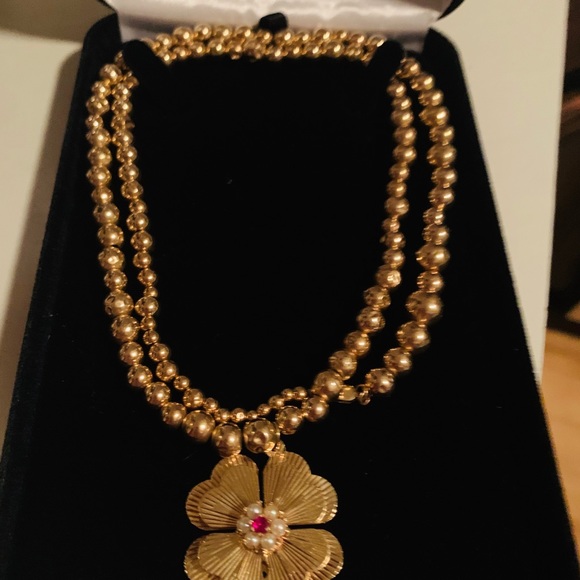 24k solid gold bead necklace with a clover pendant - Picture 4 of 5
